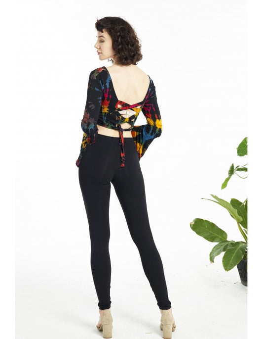 Tie Dye Long Bell Sleeve Crop Top with Lace up Back - Black Rainbow