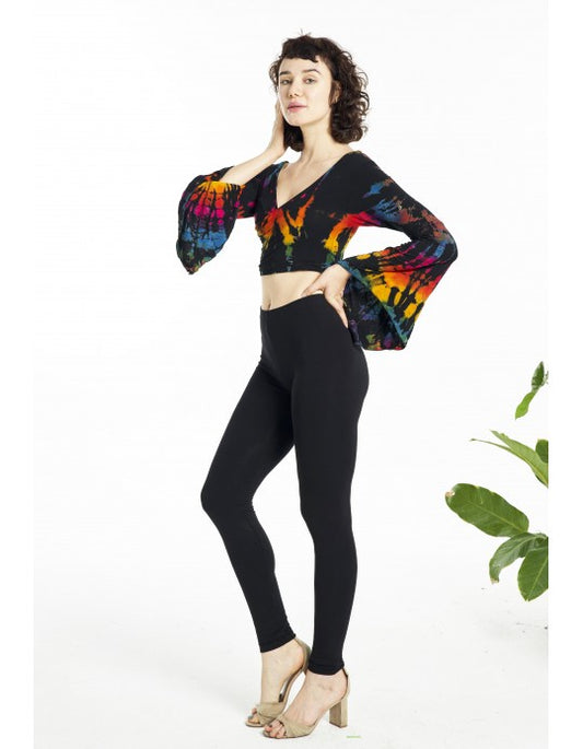 Tie Dye Long Bell Sleeve Crop Top with Lace up Back - Black Rainbow
