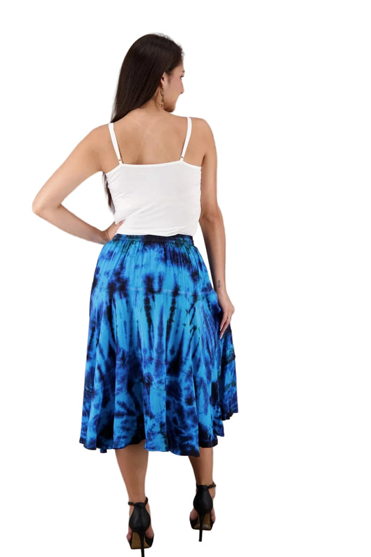 Boho Tie Dyed Tiered Midi Skirt in Blue Tones