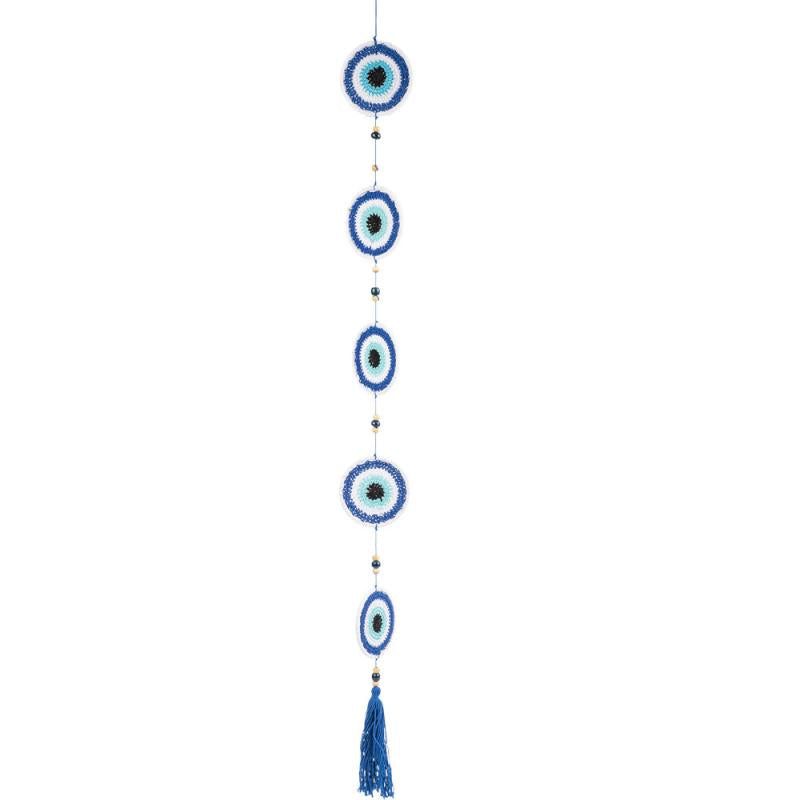 Vertical Crochet Evil Eye Hanging Ornament with Wood Beads & Tassel