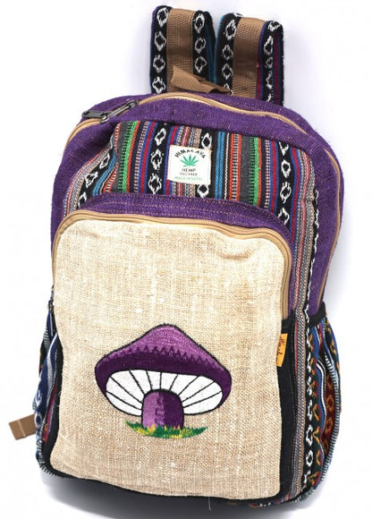 Himalayan Hemp Fabric with Embroidered Mushroom Large Backpack  - Assorted Colors