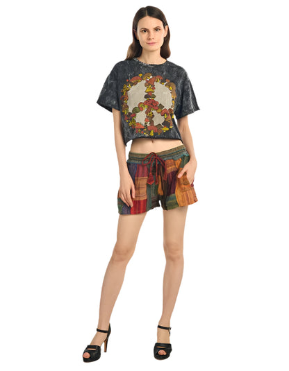 Mixed Cotton Patchwork Shorts in Rust