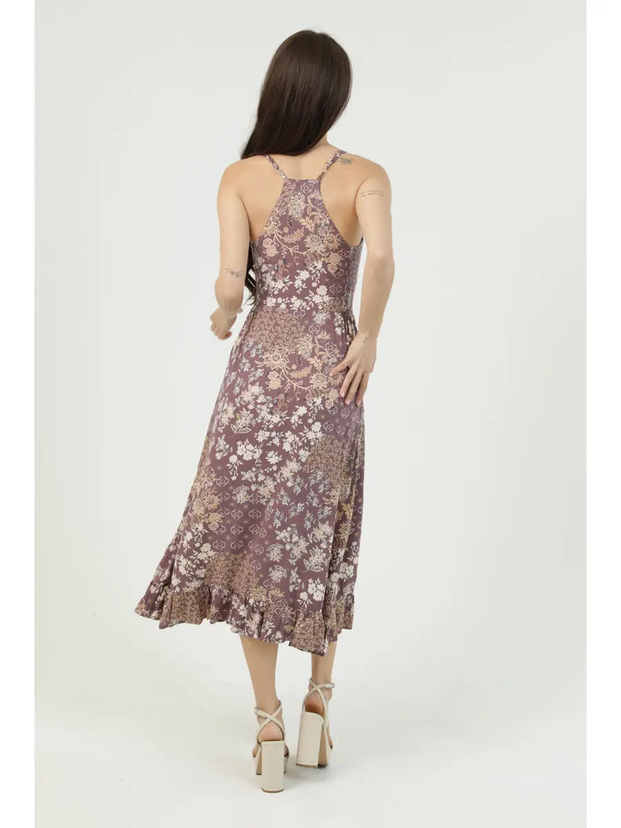 Floral Side-Smocked Racerback Midi Dress in Peppercorn