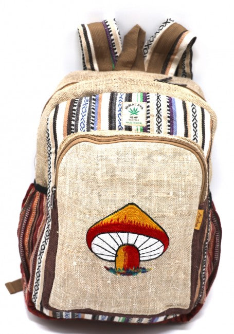 Himalayan Hemp Fabric with Embroidered Mushroom Large Backpack  - Assorted Colors