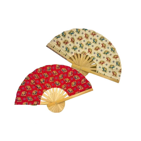 Wood and Assorted Elephant Printed Fabric Fan