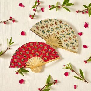 Wood and Assorted Elephant Printed Fabric Fan