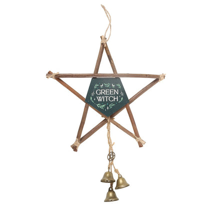Green Witch Grapevine Pentagram Wall Hanging with Bells