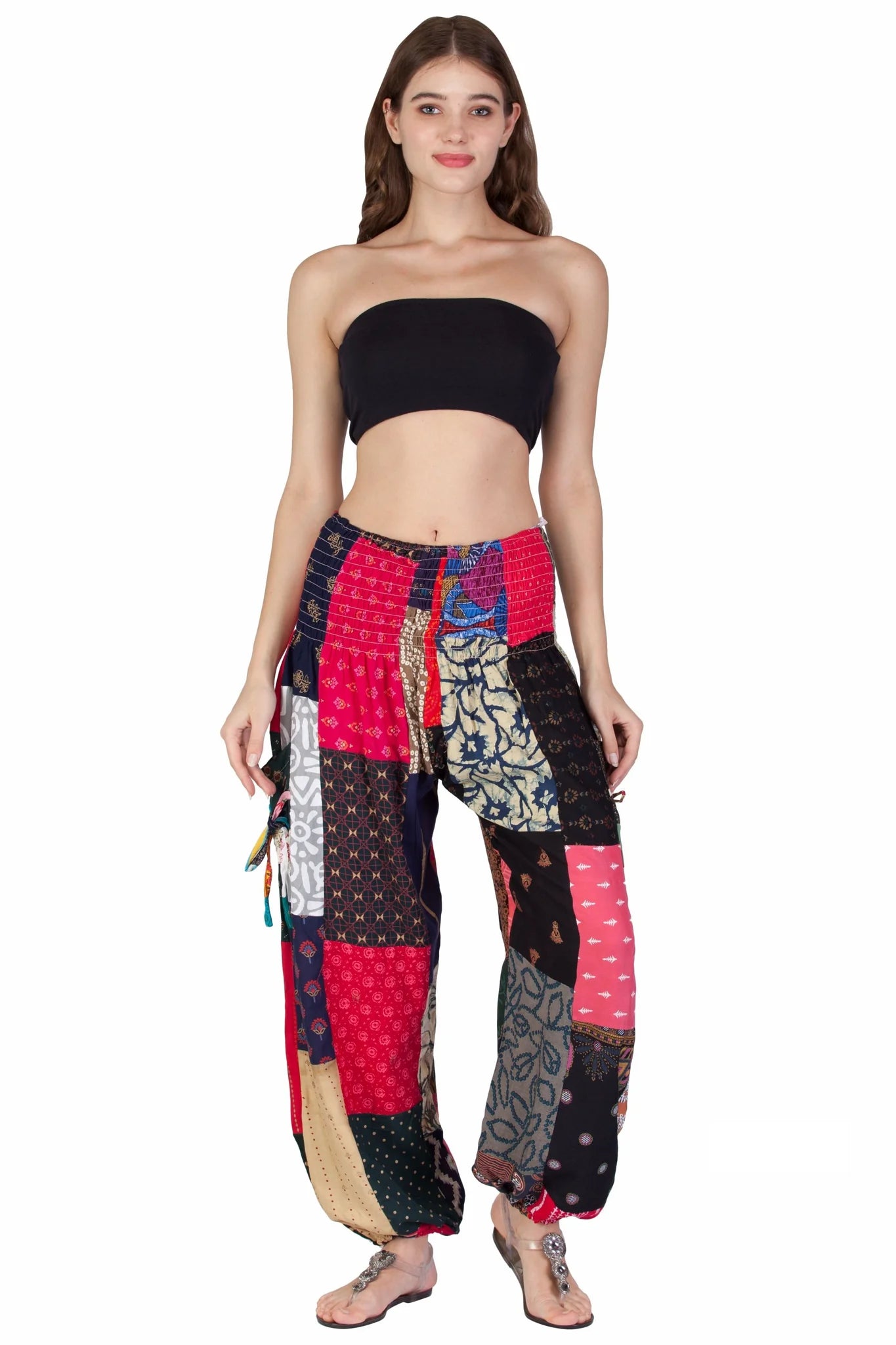 Mixed Print Patchwork Harem Pants with Smocked Waistband