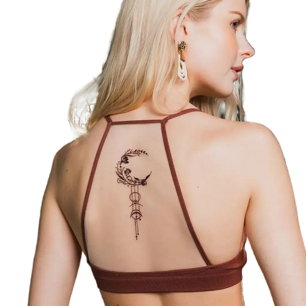 Celestial Embroidered Crescent Moon Sheer Mesh Back Bralette in Brown