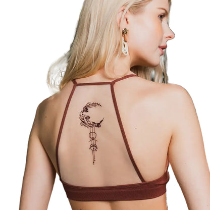 Celestial Embroidered Crescent Moon Sheer Mesh Back Bralette in Brown