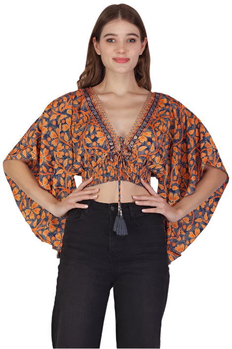 Sari Print Deep V Crop Top