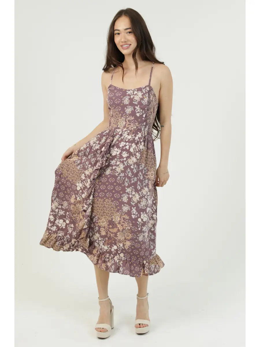 Floral Side-Smocked Racerback Midi Dress in Peppercorn