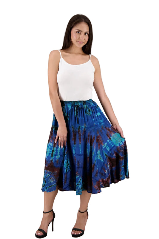 Boho Tie Dyed Tiered Midi Skirt in Dark Blue