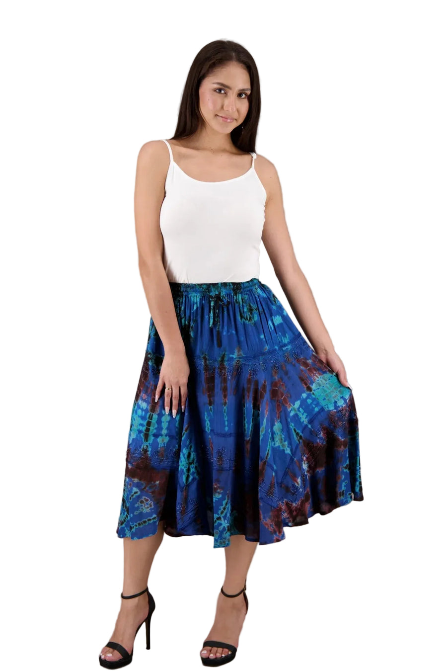 Boho Tie Dyed Tiered Midi Skirt in Dark Blue