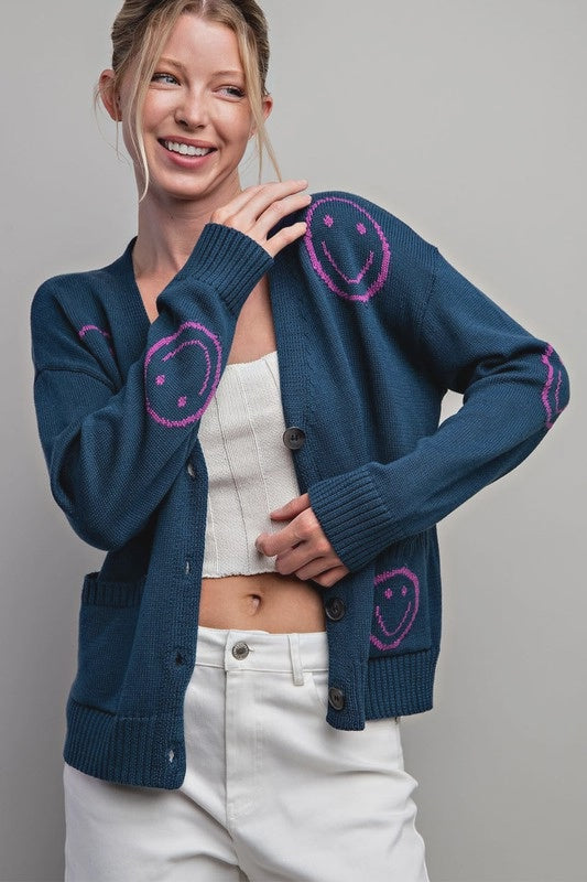 Smile Printed Pocket Cardigan in Teal & Pink