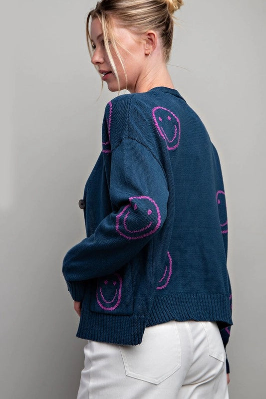 Smile Printed Pocket Cardigan in Teal & Pink