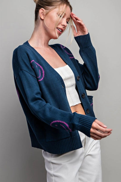 Smile Printed Pocket Cardigan in Teal & Pink