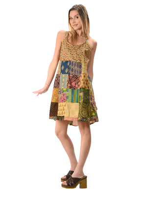 Cotton Print Patchwork String Dress