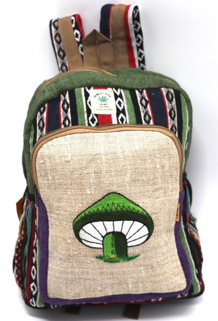 Himalayan Hemp Fabric with Embroidered Mushroom Large Backpack  - Assorted Colors