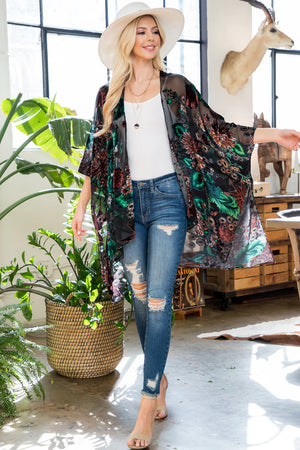 Forest Floral Burnout Velvet Kimono