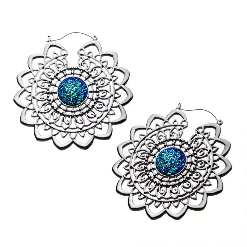 Mandala with Blue Druzy Plug Hoops