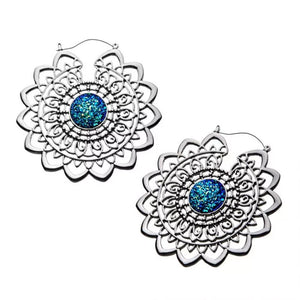 Mandala with Blue Druzy Plug Hoops - 20g