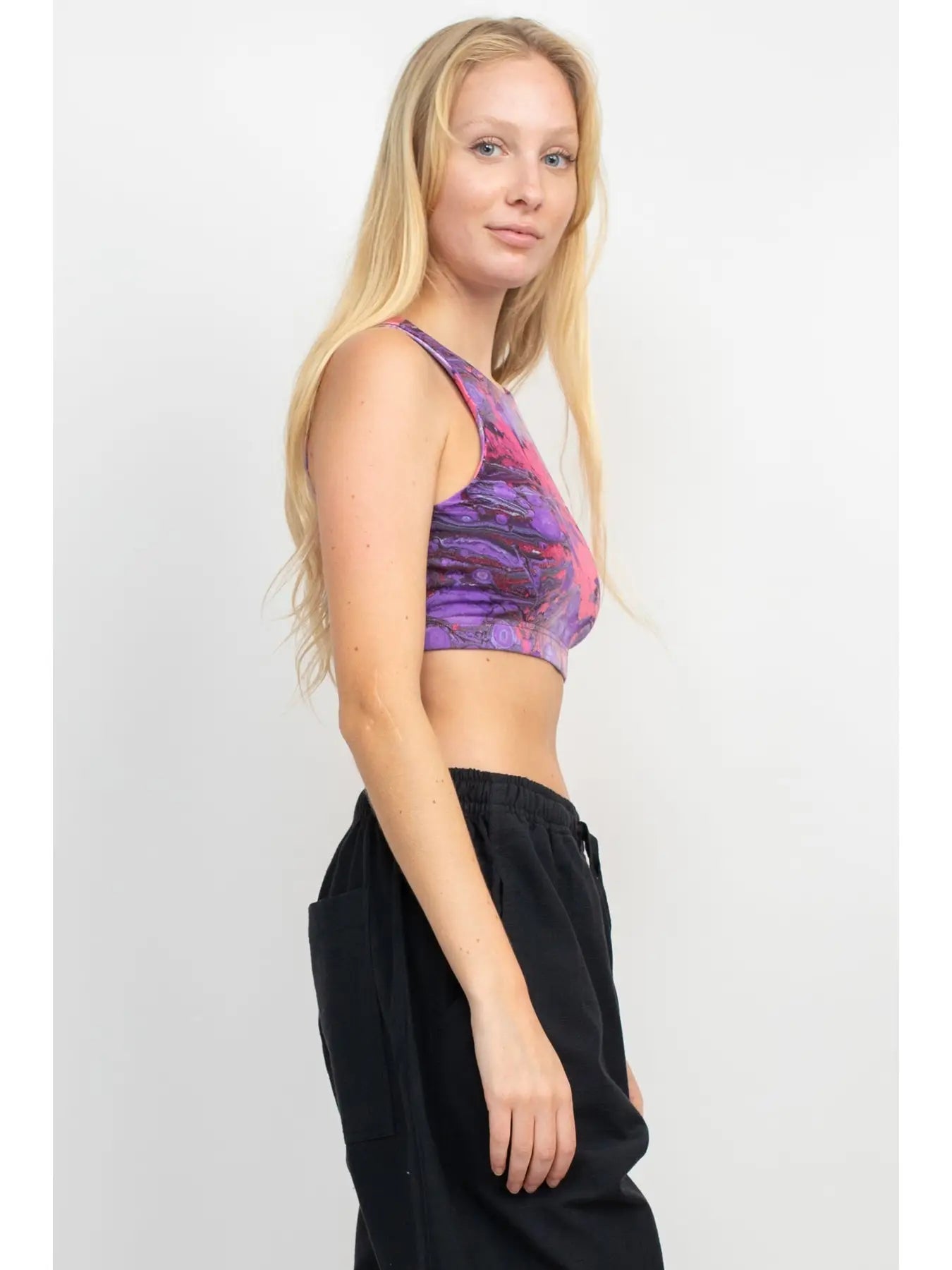 Psychedelic Marble Hi Neck Yoga Top in Purple