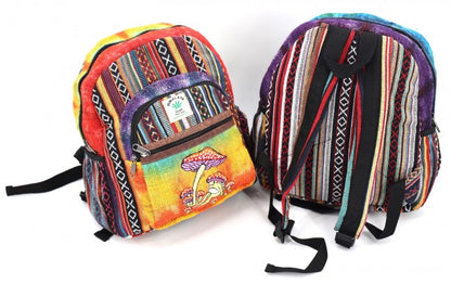 Embroidered Frog and Mushroom Himalayan Hemp Fabric Tie Dye Mini Backpack