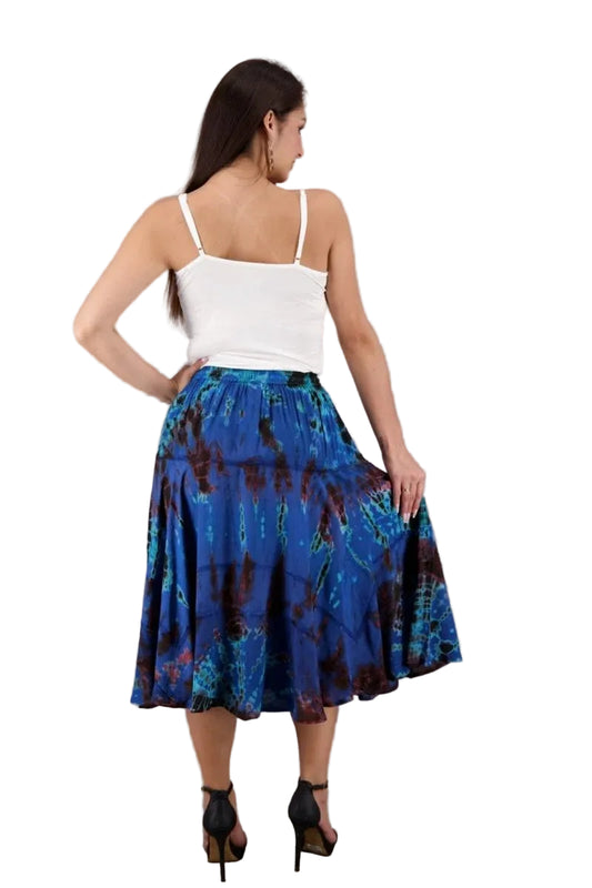 Boho Tie Dyed Tiered Midi Skirt in Dark Blue