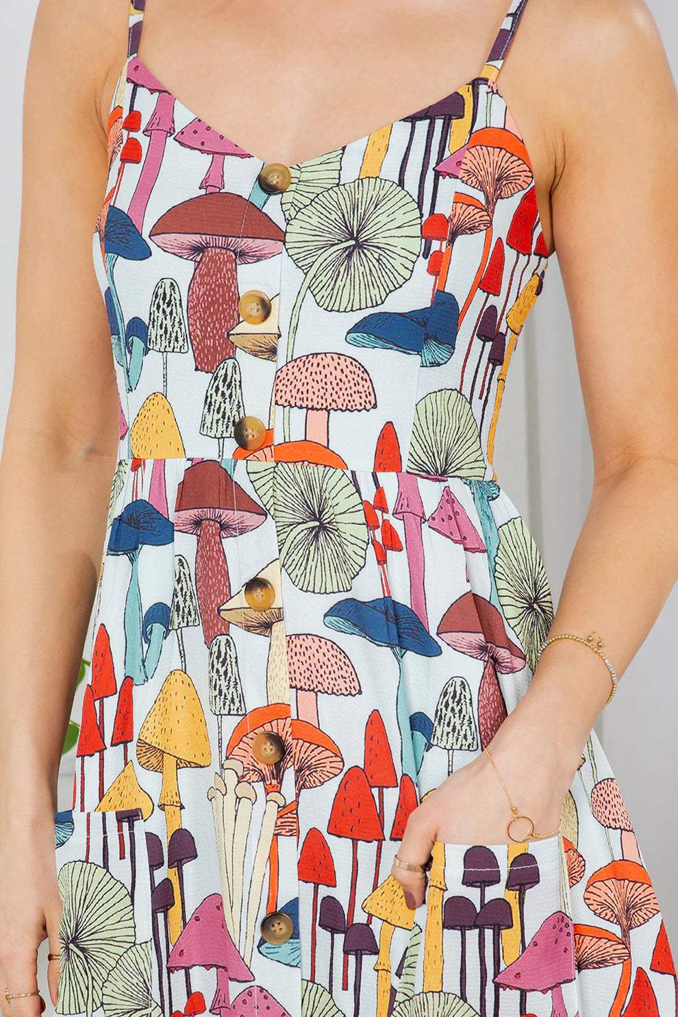 Whimsical Mushroom Print Midi Dress – Button-Front Smocked Cami Sundress with Pockets