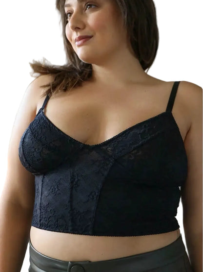 Black Floral Lace Corset Style Longline Bustier Bralette