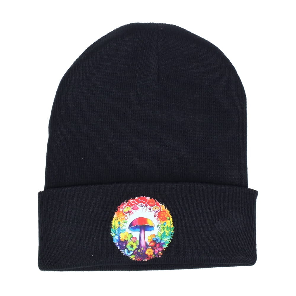 Colorful Mushroom and Flowers on Black Beanie