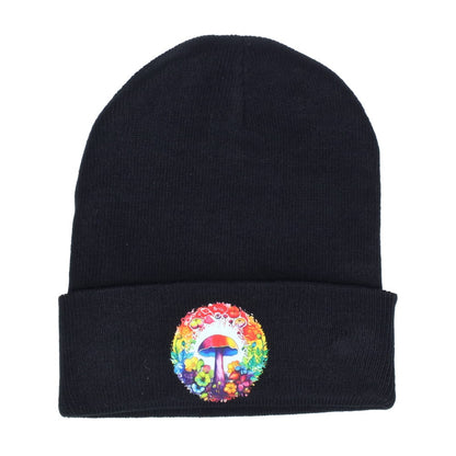 Colorful Mushroom and Flowers on Black Beanie