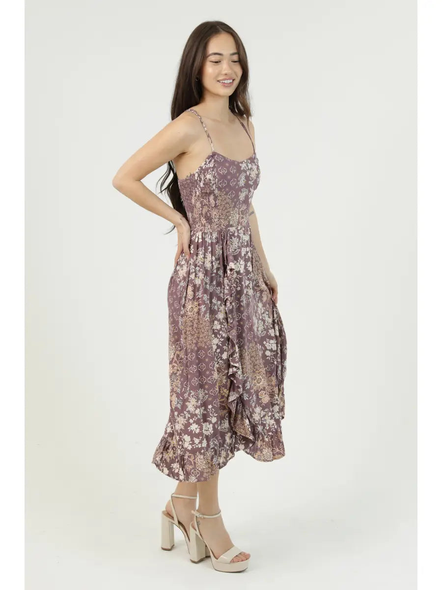 Floral Side-Smocked Racerback Midi Dress in Peppercorn