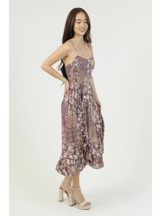 Floral Side-Smocked Racerback Midi Dress in Peppercorn