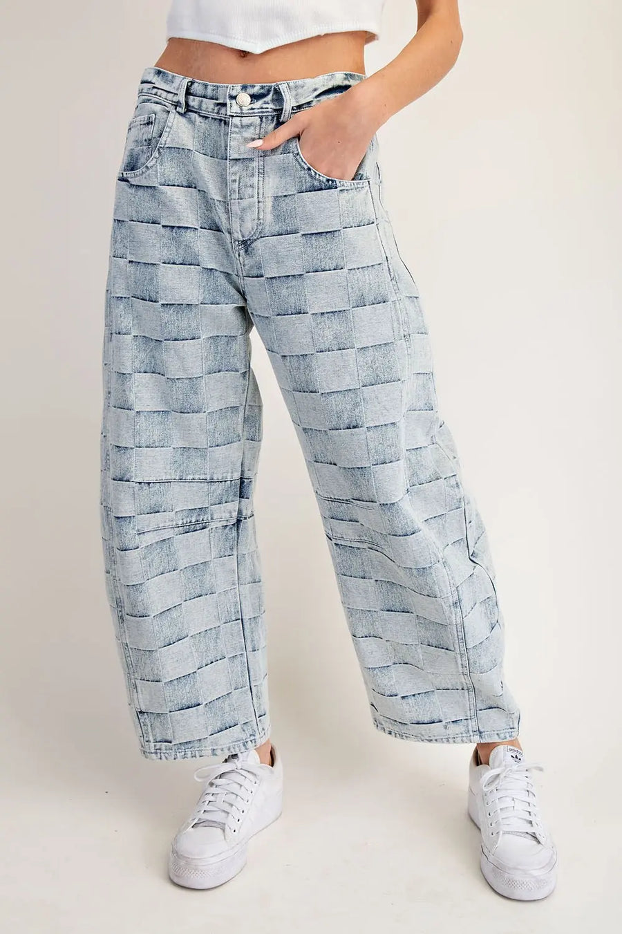 Checkered Barrel Leg Jeans – Acid Wash