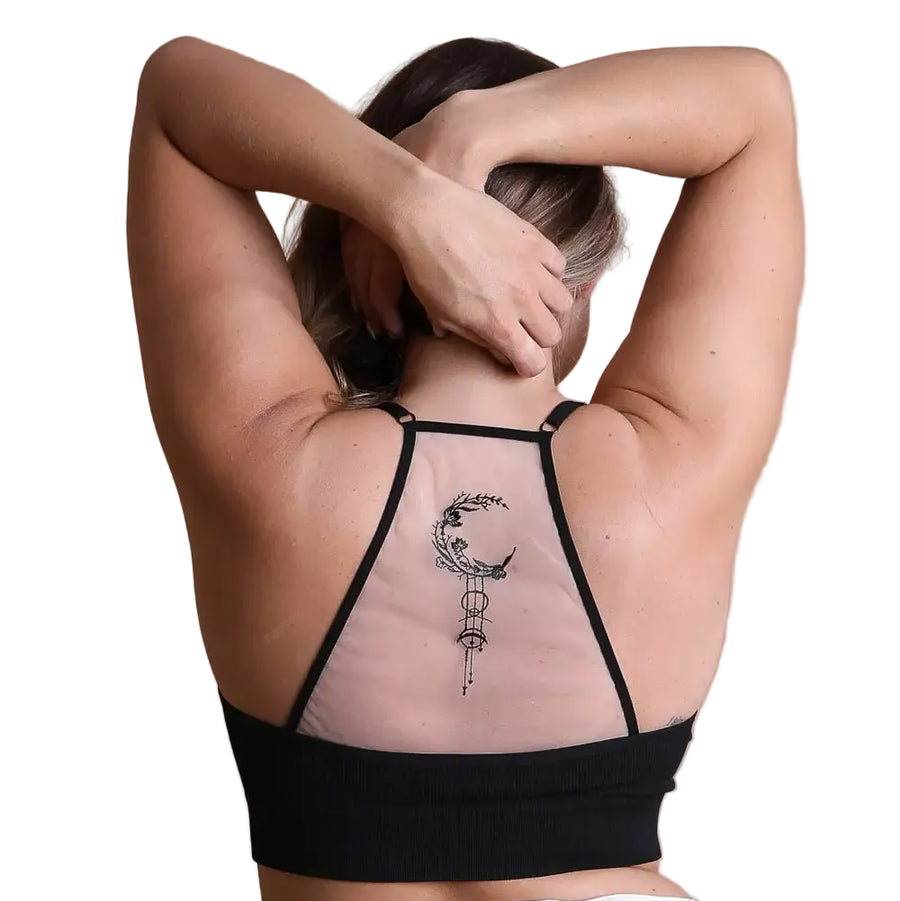 Celestial Moon Embroidered Mesh Black Bralette