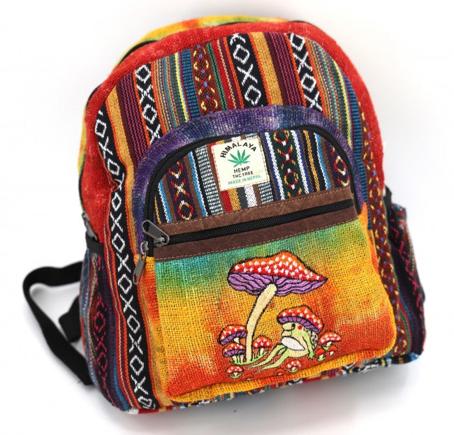Embroidered Frog and Mushroom Himalayan Hemp Fabric Tie Dye Mini Backpack