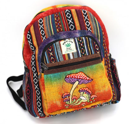 Embroidered Frog and Mushroom Himalayan Hemp Fabric Tie Dye Mini Backpack