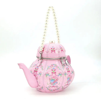 Vintage Pink Floral Teapot Handbag with Pearl Bead Strap