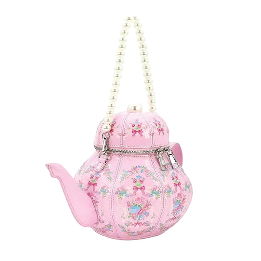 Vintage Pink Floral Teapot Handbag with Pearl Bead Strap