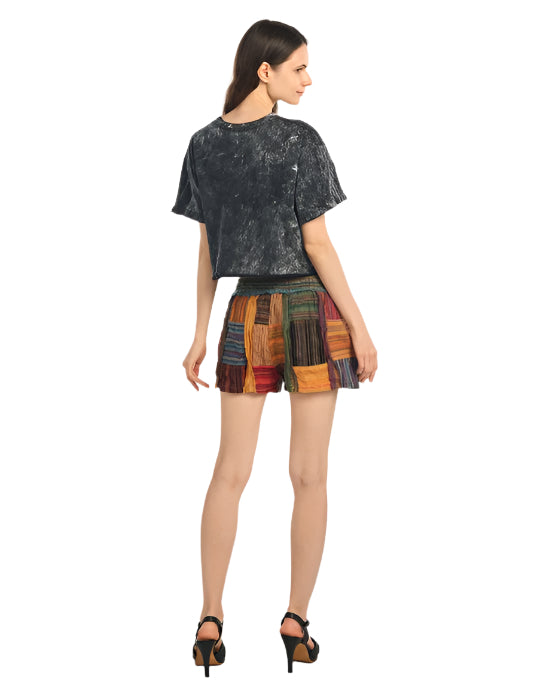 Mixed Cotton Patchwork Shorts in Rust
