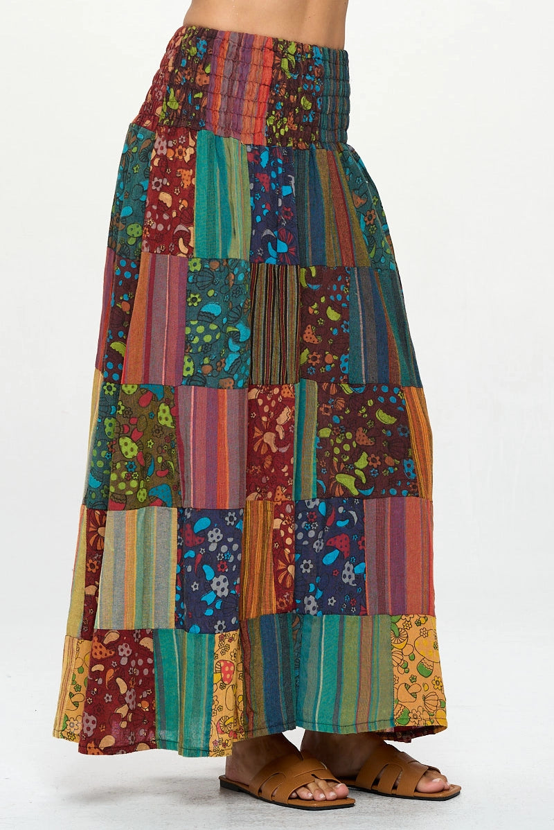 Smocked Mushroom Patchwork Skirt