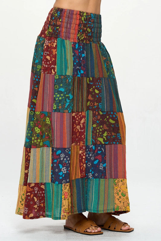 Smocked Mushroom Patchwork Skirt