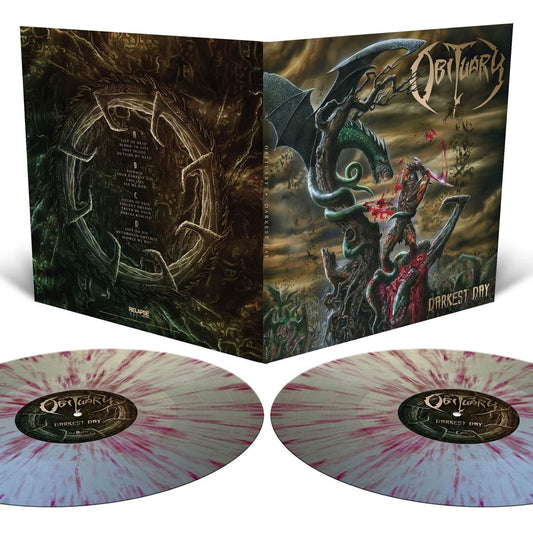 the album cover for Obituary - Darkest Day - [Orchard Indie Exclusive Silver with Blood Red Splatter 2LP]