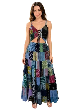 Handmade Patchwork Lace-Up Maxi Dress in Blue