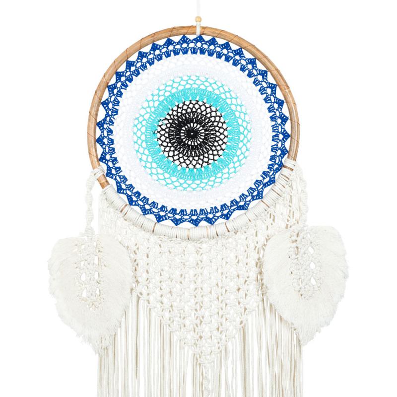 Macramé Evil Eye Dreamcatcher Wall Hanging with Woven Leaves