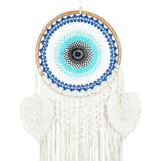 Macramé Evil Eye Dreamcatcher Wall Hanging with Woven Leaves