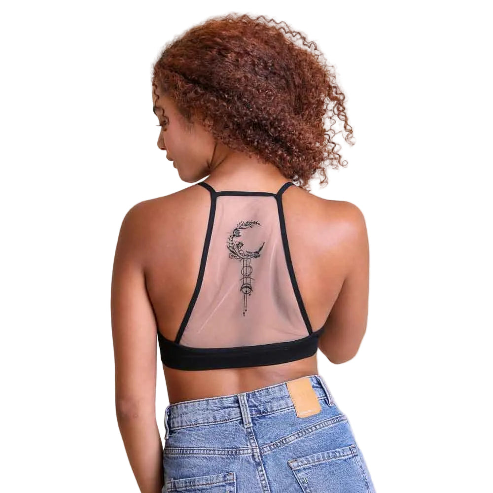 Celestial Moon Embroidered Mesh Black Bralette