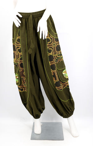Geometric Tribal Harem Cargo Pants with Mushroom Embroidery